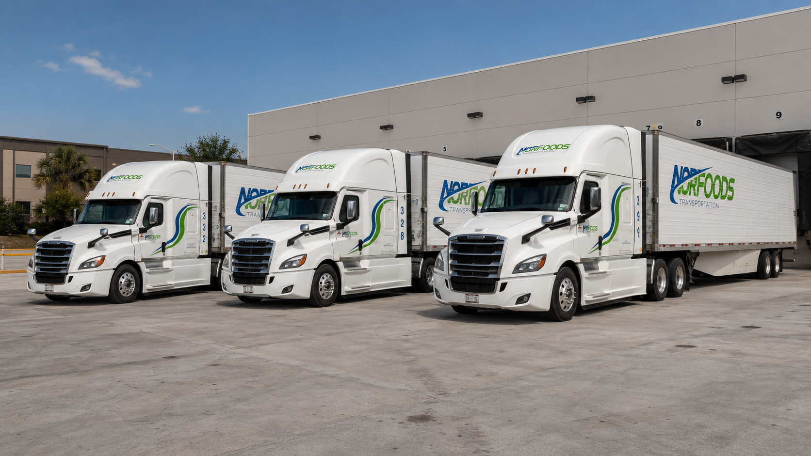 Flota de tractocamiones refrigerados Norfoods Transportation en patio logístico